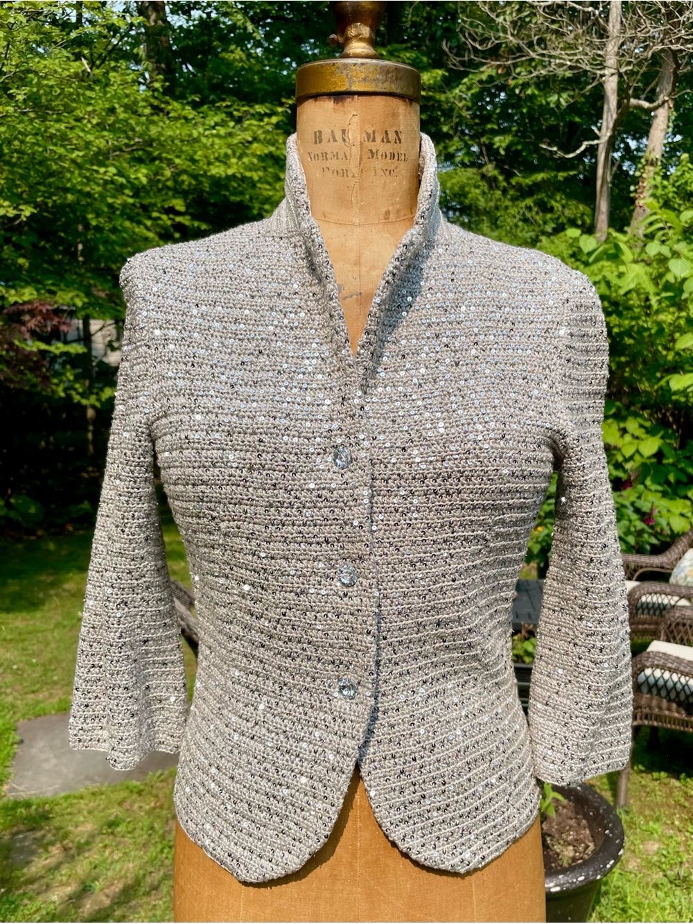 Sequin-Thread Light Gray Knit Button-Front Cardigan